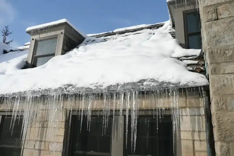 Ice dam and long icicles along a snowy roof edge