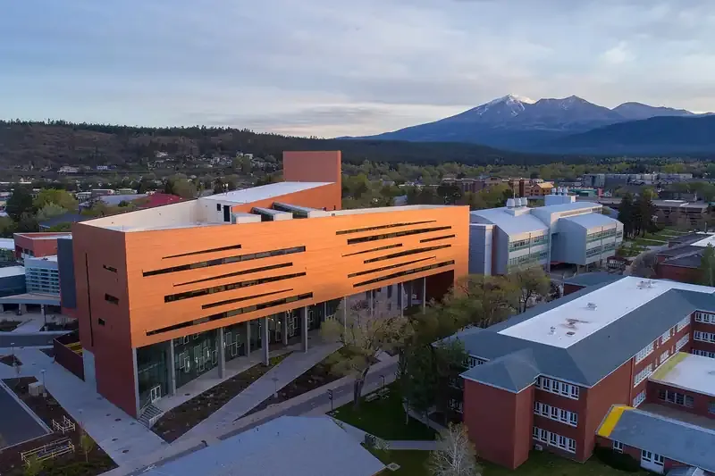 Northern Arizona University campus in Flagstaff with the San Francisco Peaks behind it